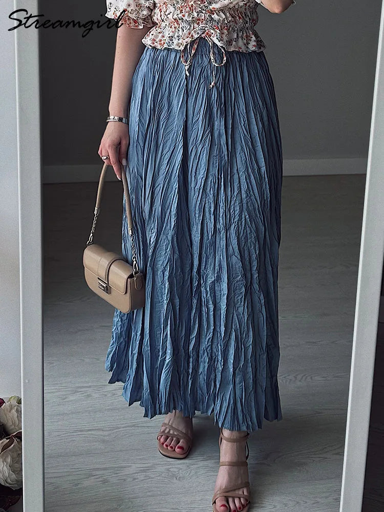 Streamgirl Women Summer Skirts Long Pleated A Line Elegant Solid Big Swing Maxi Skirt Ladies Blue White Beach Skirt Women Luxury