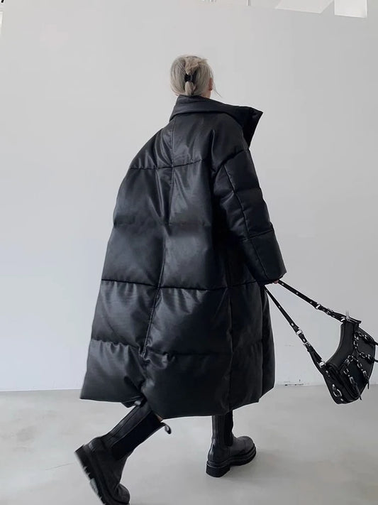 Winter Long Pu Leather Down Jacket Female Black Thick Warm Cotton Parka Outwears Women White Duck Down Knee Length Down Jackets