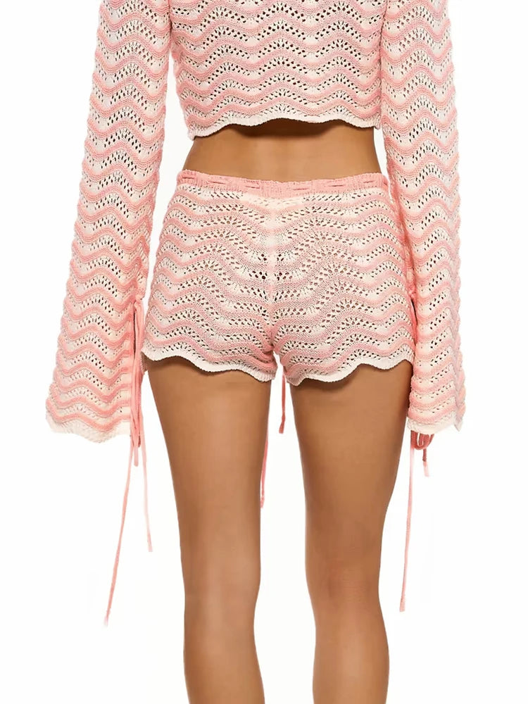 2025 Summer Sexy V-neck Lace-up Bell Sleeve Knit Short Top Shorts Two Piece Women Boho Striped Beach Swimsuit Cover Up Sets K195