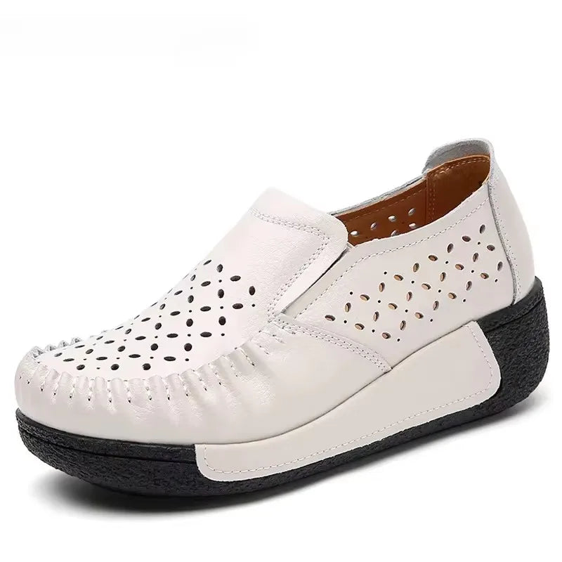2025 Platform Flat Shoes for Women Slip on Hollow Out Genuine Cow Leather Swing Shoes Shallow Ladies Casual Footwear