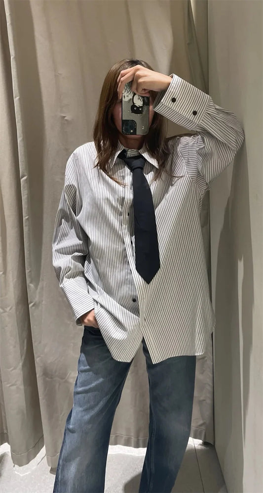 Ladies' shirt  new style  loose plus size  wearing tie  silk striped shirt  women's casual comfortable top
