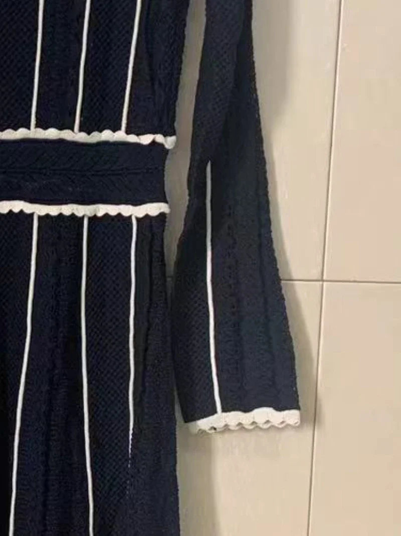 Elegant Fashion Black Stripe Dress Party Retro Knitted Dress Women