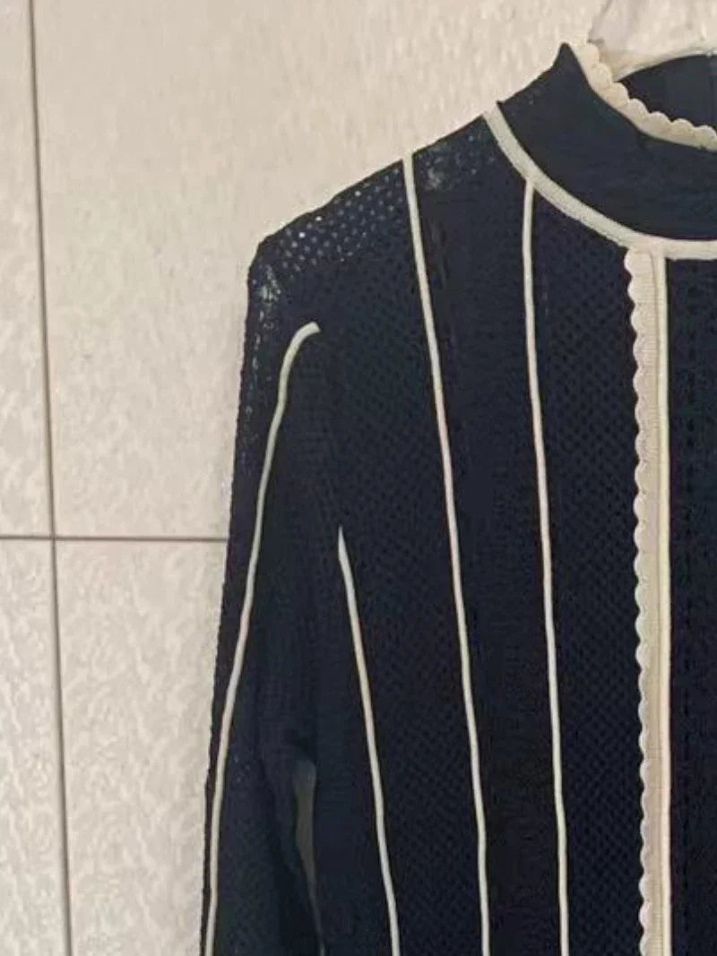 Elegant Fashion Black Stripe Dress Party Retro Knitted Dress Women