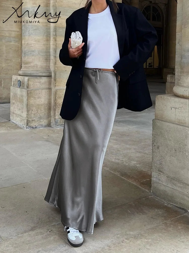 High Waist Long Satin Skirts For Women Spring 2025 Black High Quality Women's Drawstring Gray Satin Long Skirt Mermaid Beige