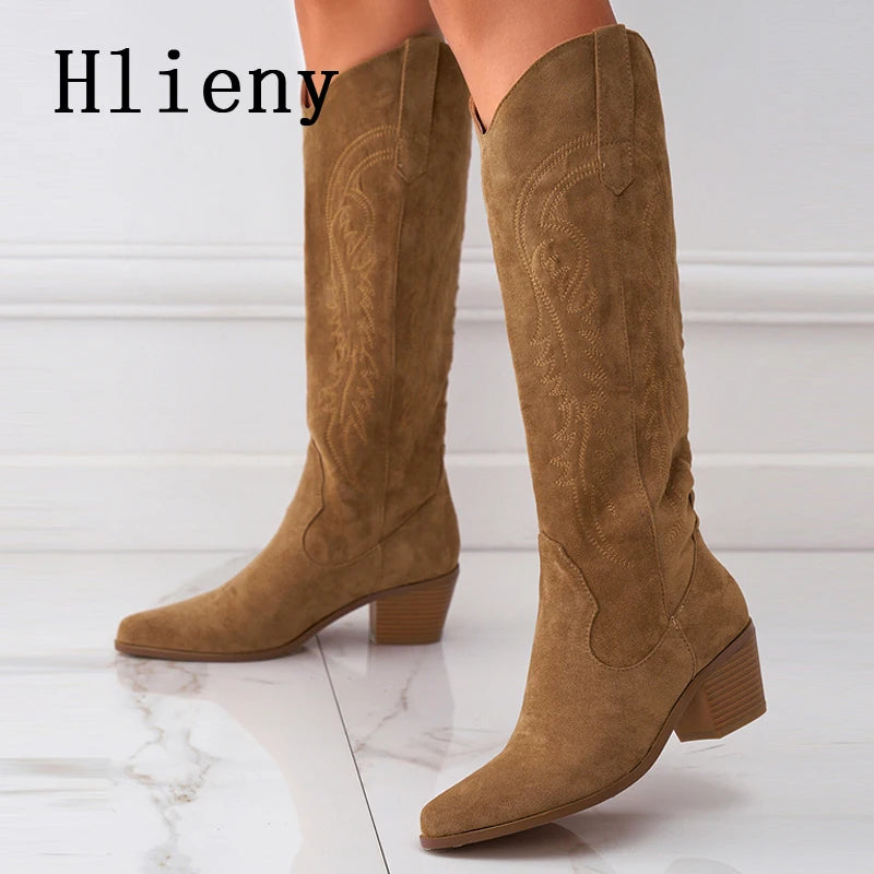 Hlieny 2025 New Retro Spring Winter Knee High Boots Women Comfy Walking Fashion Pointed Toe Female Western Cowboy Boot High Heel