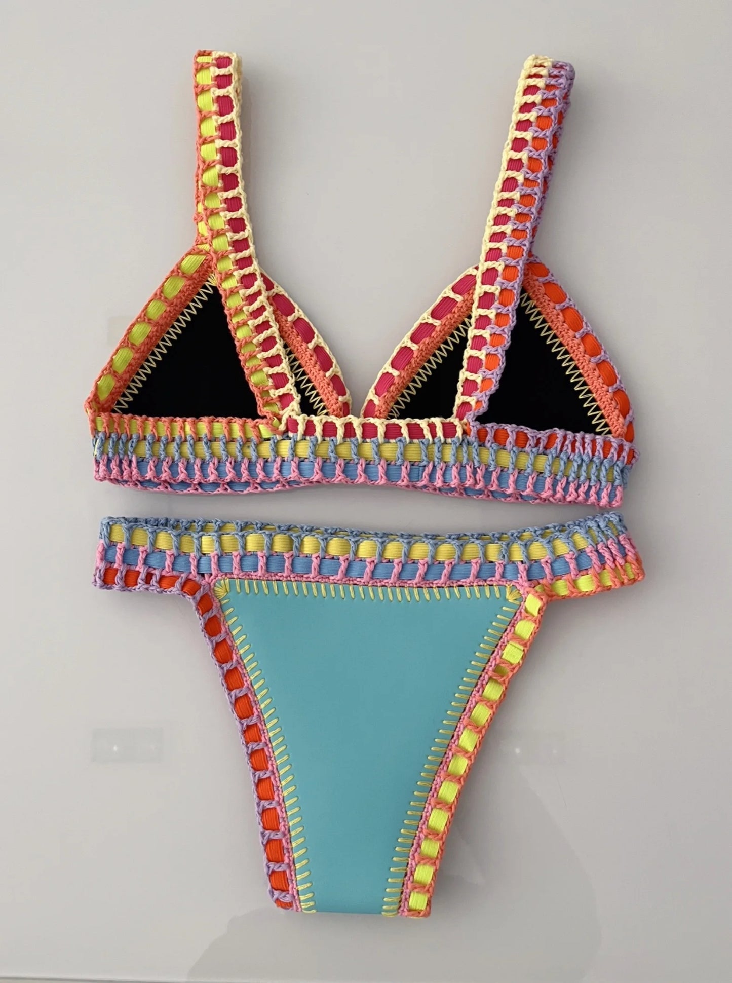 Turquoise Women Sexy Neoprene Triangle Swimsuit Swimming Wear Set Crochet Bikini Beachwear Bathing Suit For Vacation Wear