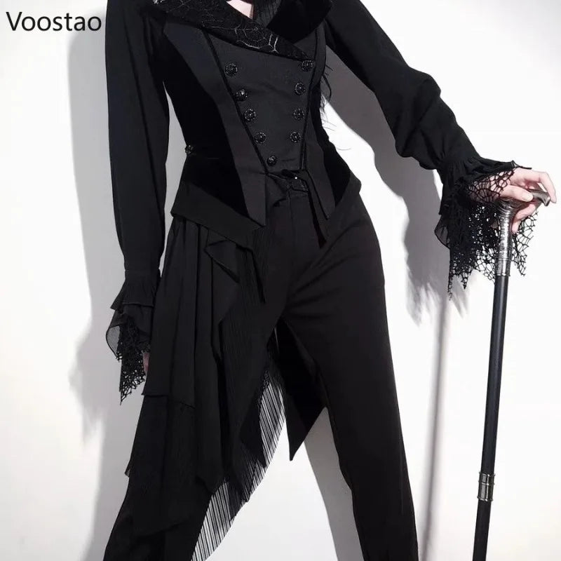 Gothic Y2k Dark Lolita Shirts Women Vintage V-Neck Long Sleeve Blouses Couple Halloween Victorian Retro Slim Clothes Tops Unisex
