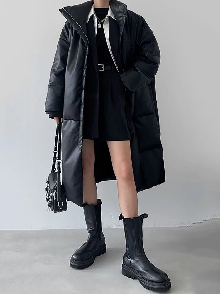 Winter Long Pu Leather Down Jacket Female Black Thick Warm Cotton Parka Outwears Women White Duck Down Knee Length Down Jackets