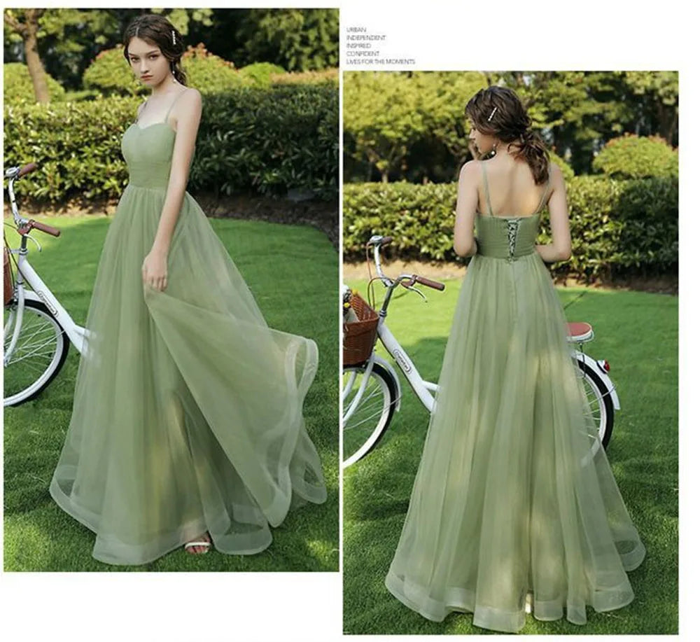 Elegant 4 Styles Green Tulle Bridesmaid Dress Floor Length Off Shoulder A-Line Gown Simple Solid Wedding Party Guest Vestido