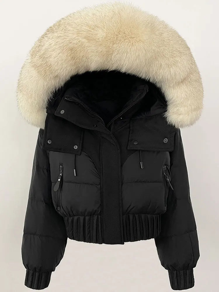 CXFS 2025 Winter Jacket Women Short Natural Real Raccoon Fox Fur Collar Hooded White Duck Down Coat Thick Warm Casual Outerwear