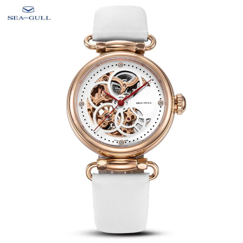 Seagull Fashion Women's Watch Leather Strap Waterproof Skeleton Automatic Mechanical For Ladies Watch Necklace Set 6002L Series