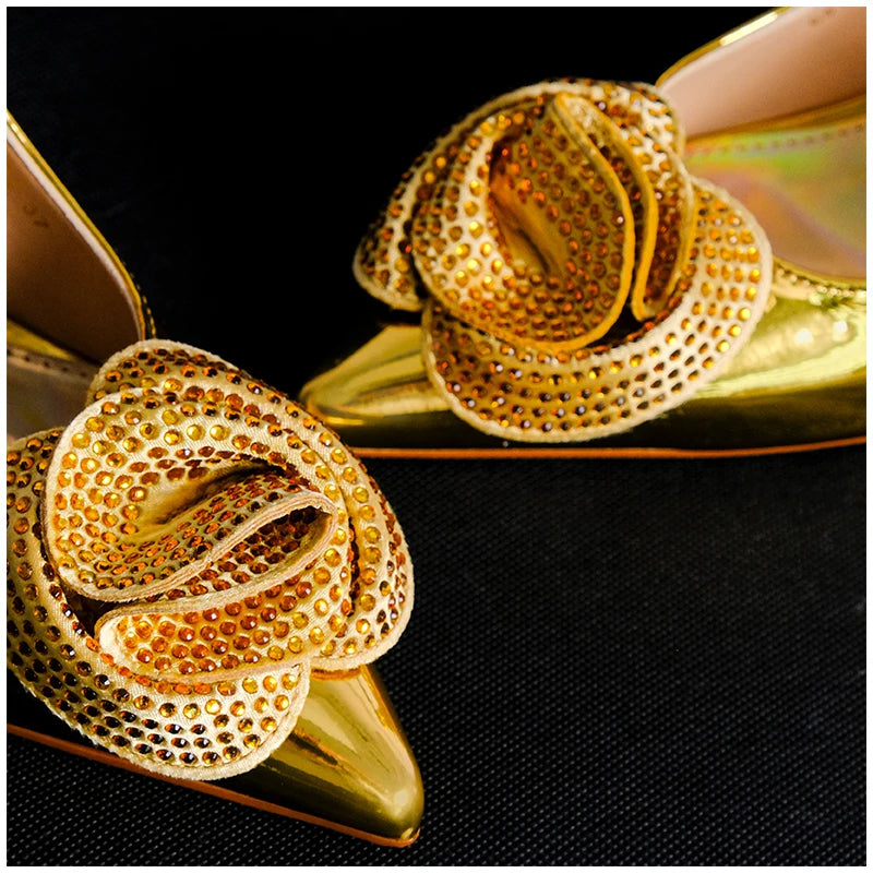 2024 Fashionable Designed Gold Elegant Shoe Bag Bright Banquet African Women's tie Pointed Toe High Heels Shoes Wedding Party