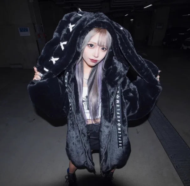 Japanese Style 2023 Autumn and Winter Sweet Cute Thickening Cotton Clothing Mine Series Mass-Produced Rabbit Ears Plush Coat