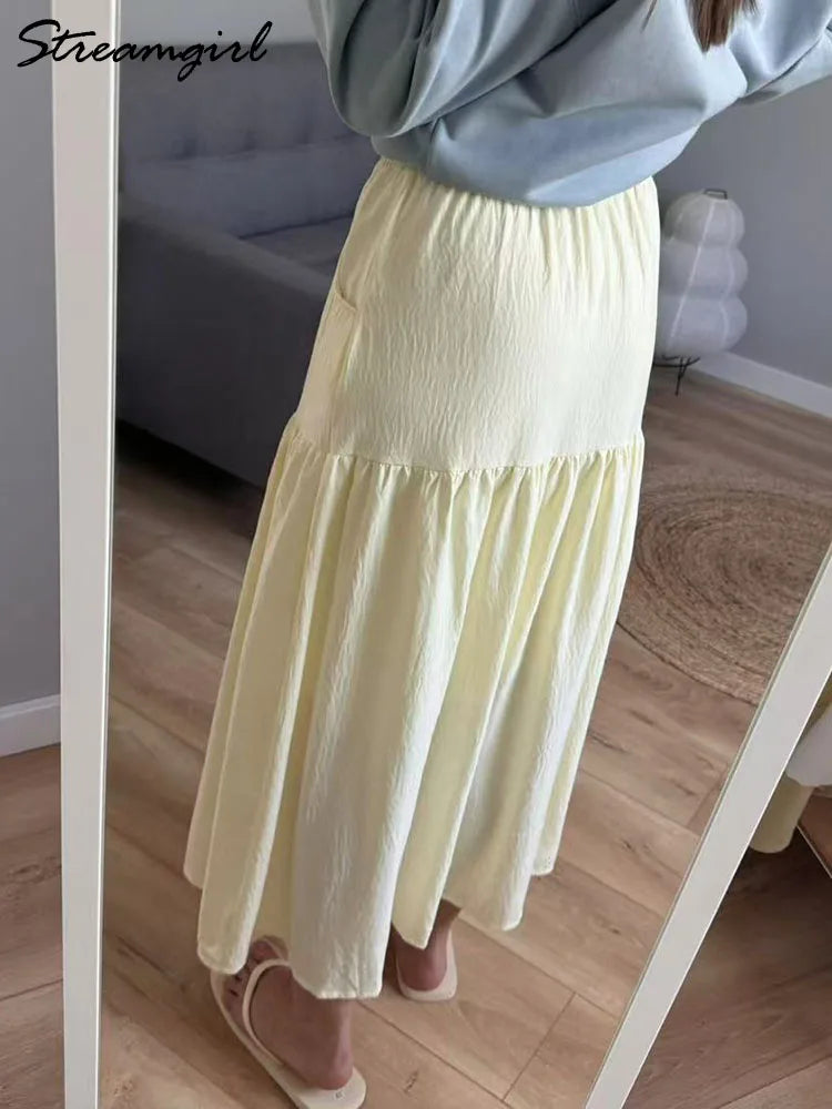 White Long Cake Skirt Women Summer Loose Yellow Skirts Ruffles Female High Waist Lazy Cake Midi Skirts With Pockets A Line Pink