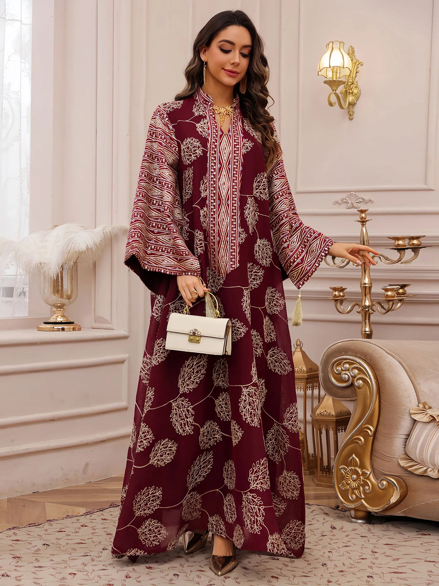 New Stylish Dubai Muslim Abaya Women Islamic Red Fabric with Intricate Gold Embroidery for Middle East UAE Saudi Arabia Qatar