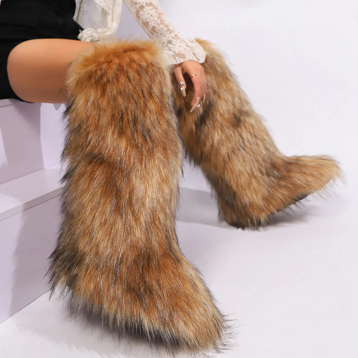 Real raccoon fur boots for women in winter, real fur fox snow boots for women in winter