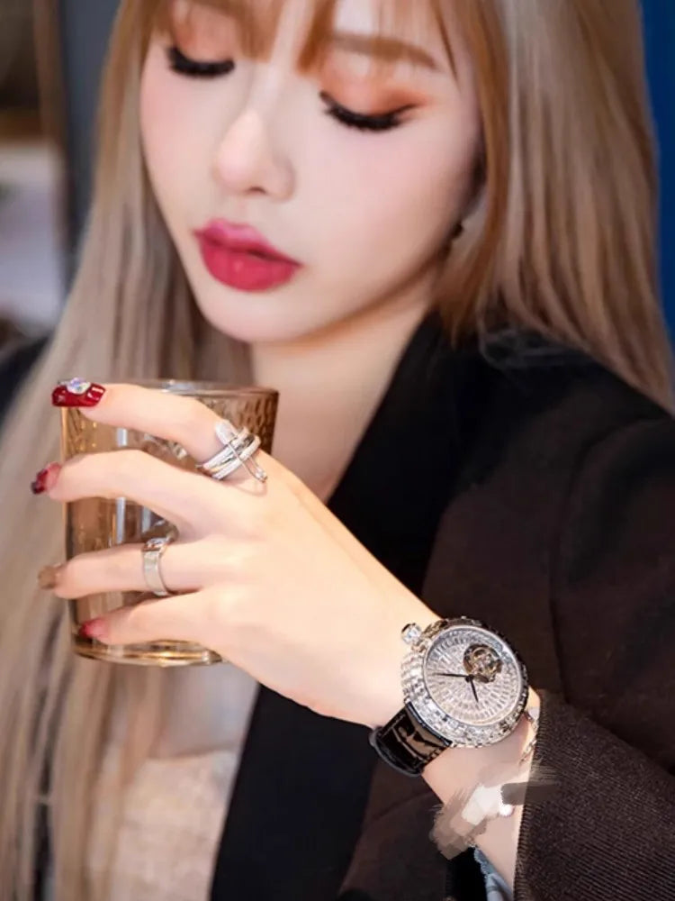 Ladies Fashion Mechanical Watch Designer New Elegant Luxury Diamonds Genuine Leather Strap Needle Buckle Women Fine Wristwatch