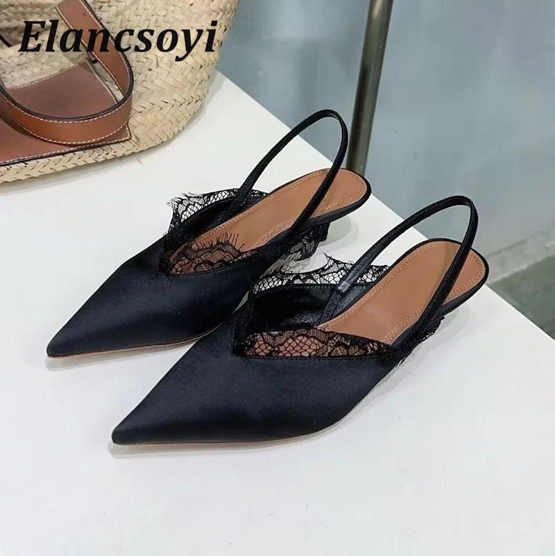 Fashion Satin Lace Kitten Heels Pointed Toe Sandals Women Pumps Low Heels Back Strap Sandalias Summer Elegant Banquet Shoes