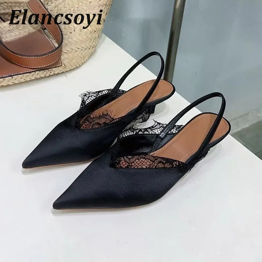 Fashion Satin Lace Kitten Heels Pointed Toe Sandals Women Pumps Low Heels Back Strap Sandalias Summer Elegant Banquet Shoes