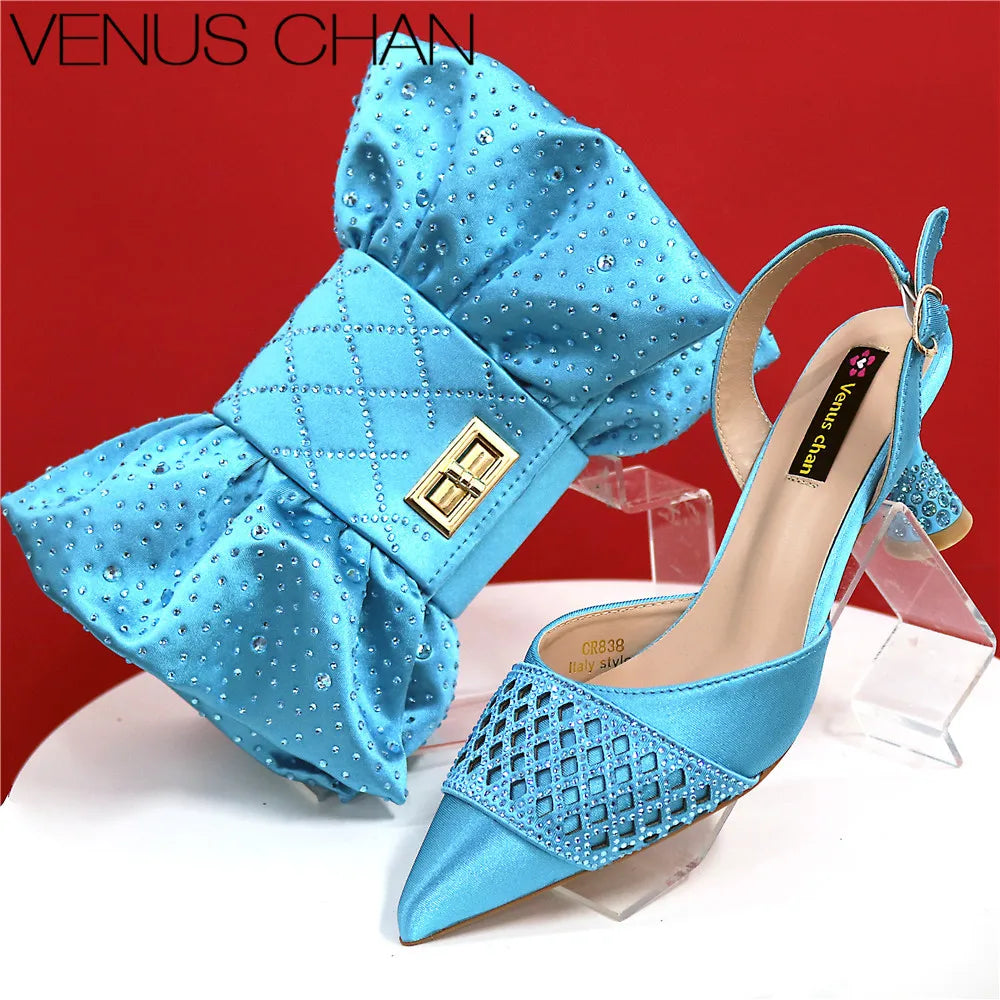 High Quality 2025 Italian Design Embossed Varnish Style Big Diamond Decoration Classic Noble Women Shoes and Bag Set