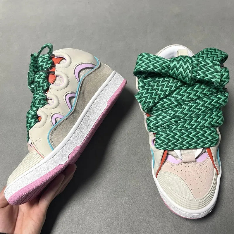 New Designer Slippers Sneakers Flat Shoes Women Luxury Brand Trainer Lace Up Men Top Quality Thick Laces Skateboard Shoes Unisex