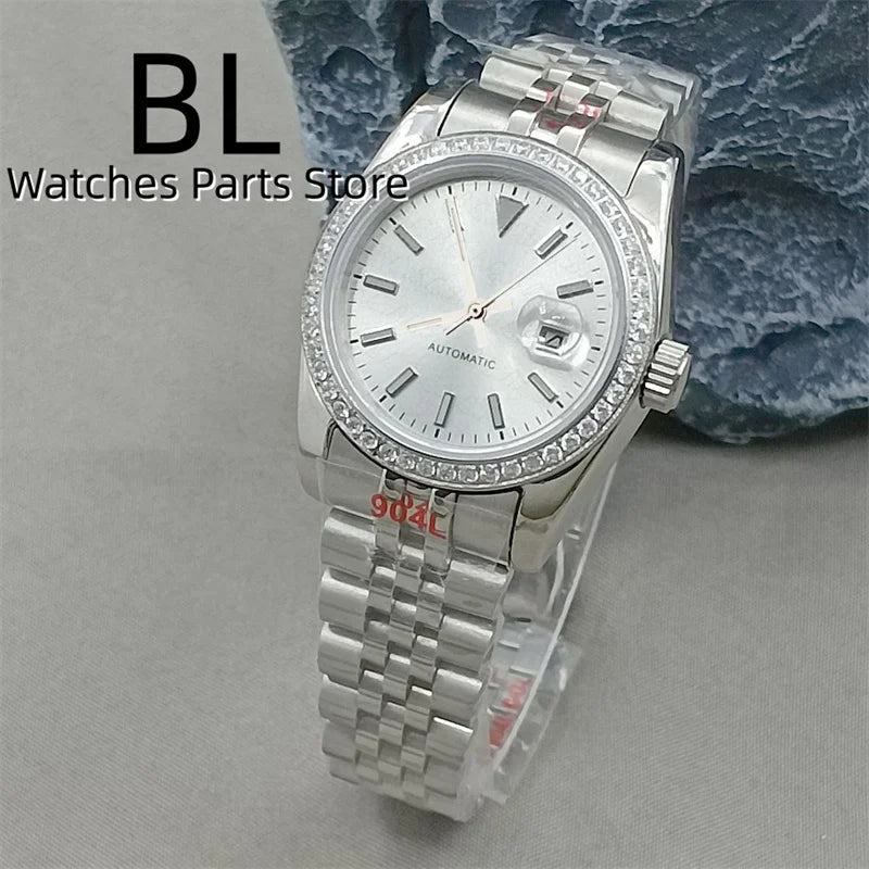 BLIGER 31mm NH05 Automatic Watch For Women Pink Gold Gray Purple Sunburst White Mother Pearl Dial Diamond Index Steel Bracelet