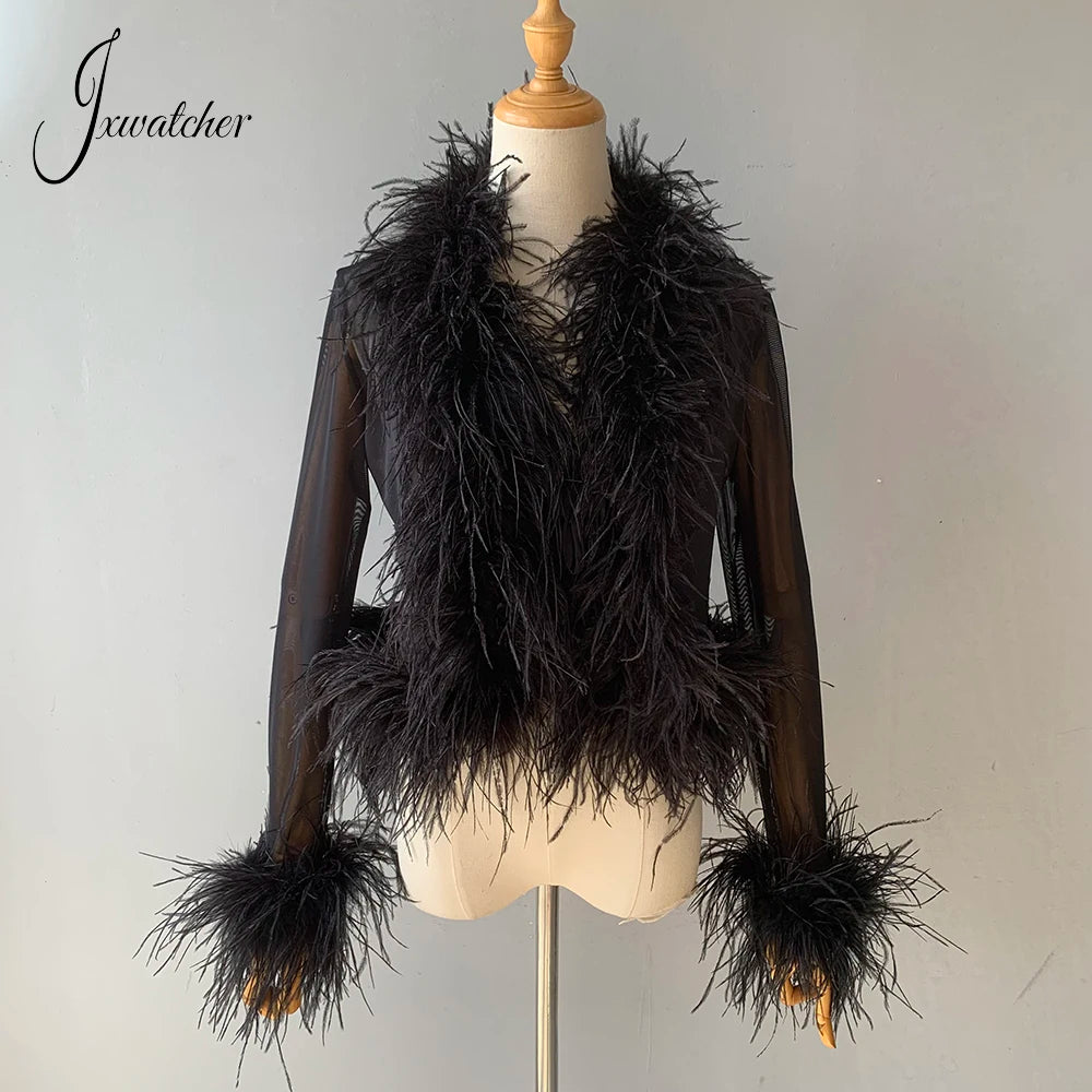 Jxwatcher Women's Sexy Mesh Feather Tops Spring Summer Ladies Vintage Celebrity Real Ostrich Feather Coat Fashion Party Wear New