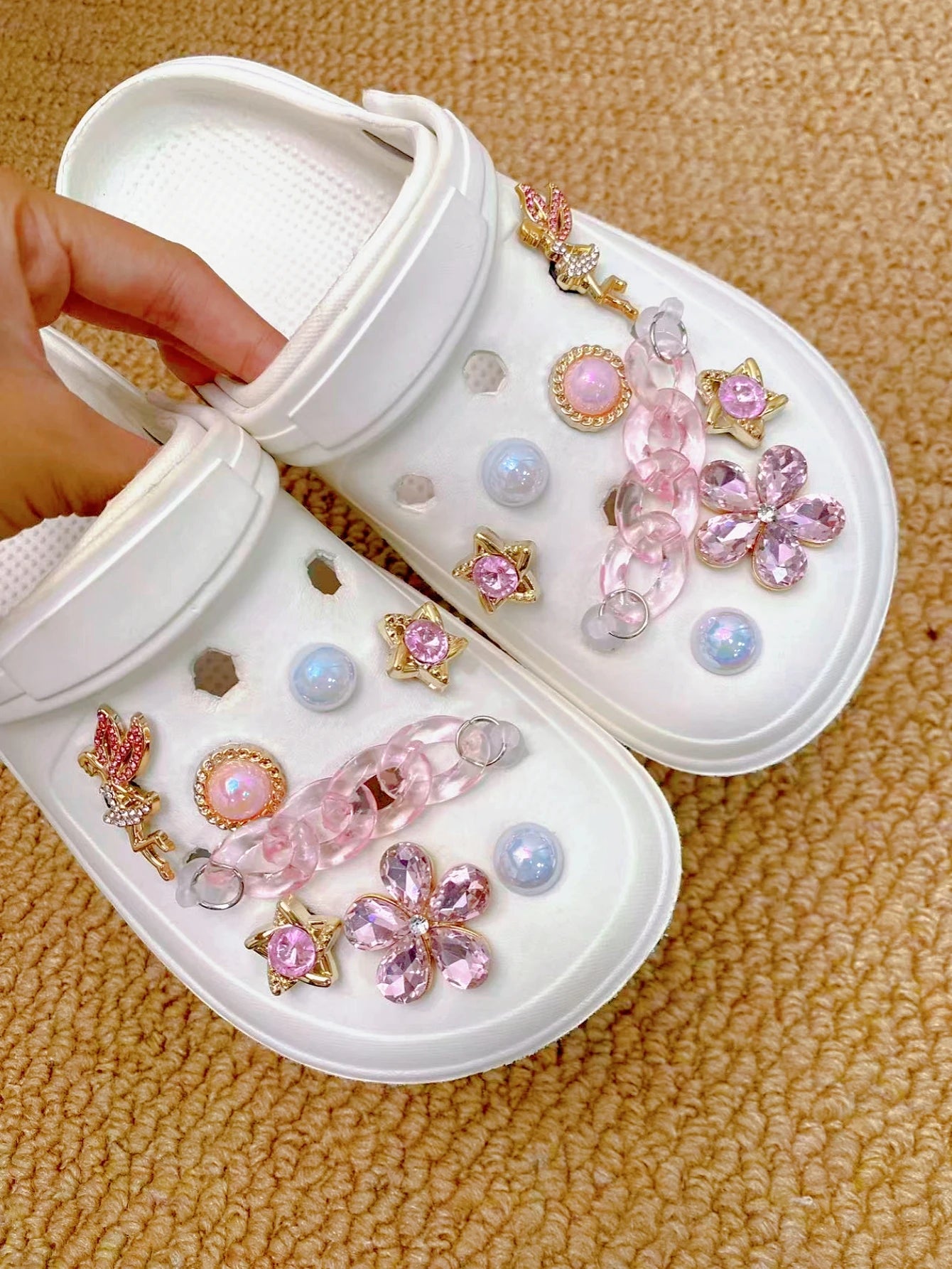 16 pieces of pink crystal chains, fairies, five-petal, beads, pink stars and other crocs accessories, ABS shoe flowers, DLY deco