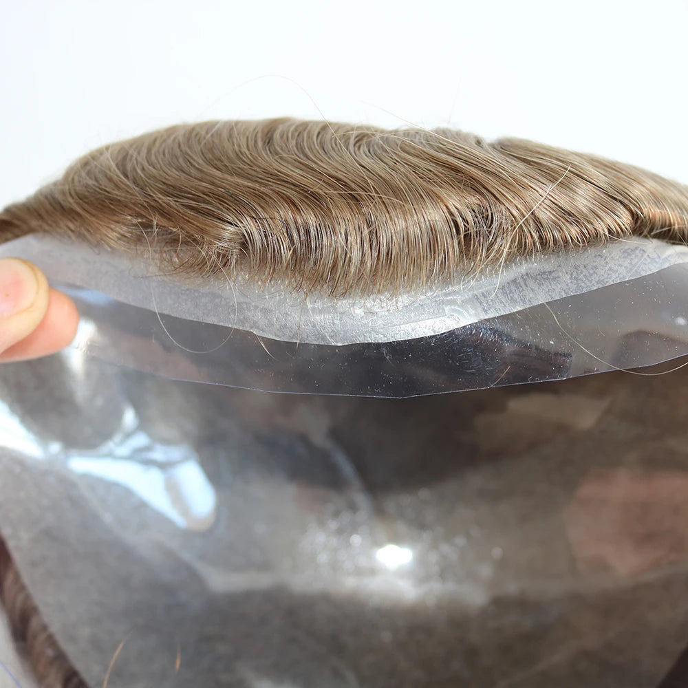 80%Density 0.02mm HD Poly Thin Skin Grey 220# 610# Invisible Natural Hairline Blonde Men Toupee Full Vioop Human Hair Prosthesis
