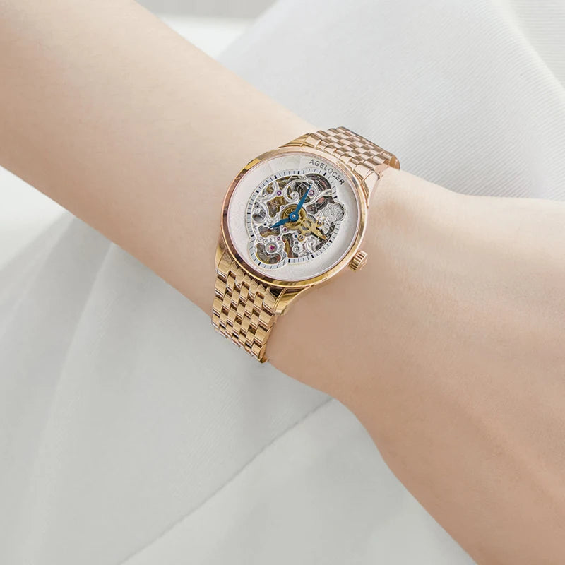 Agelocer Original Infatuated Mirror Watch Women's Luxury Gold Watch Skeleton Automatic Mechanical Watch Birthday Gift for Women