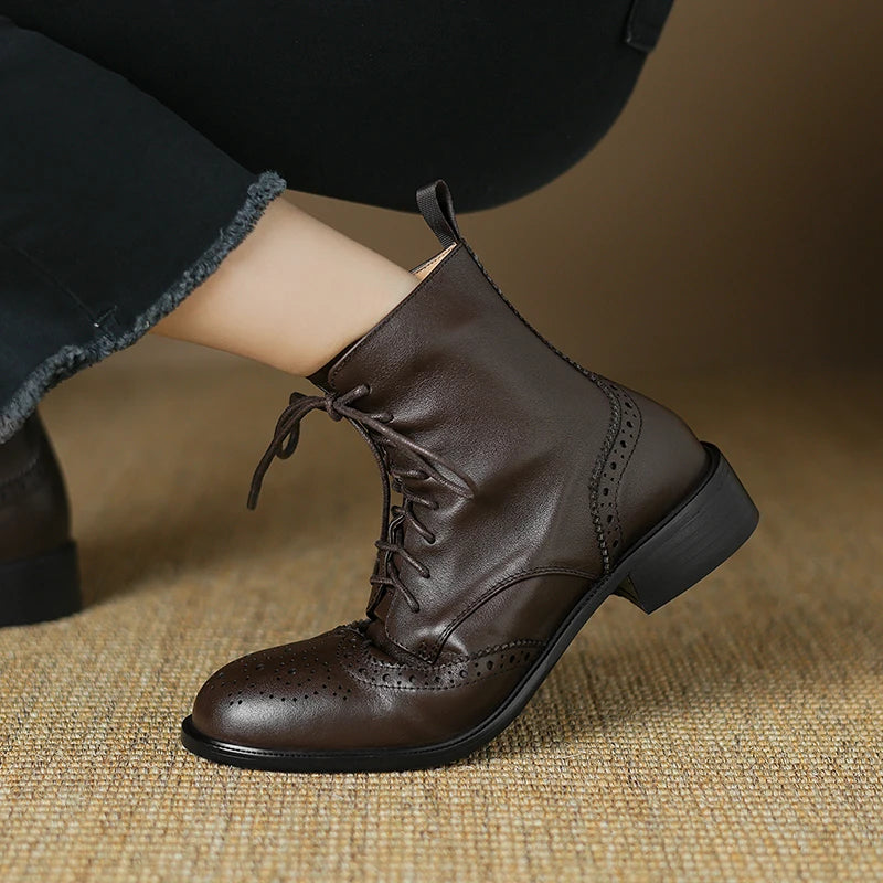 2025 Genuine Leather Boots Women Shoes Thick Sole Lace Up Autumn Winter Short Ankle Boots for Women High Heel Motorcycle Shoes