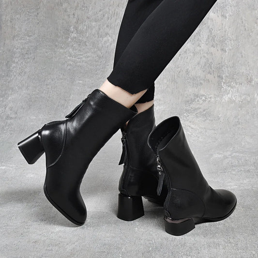 Leather boots for women 2023 autumn and winter round head mid-leg thick heel boots European and American style after zipper fash