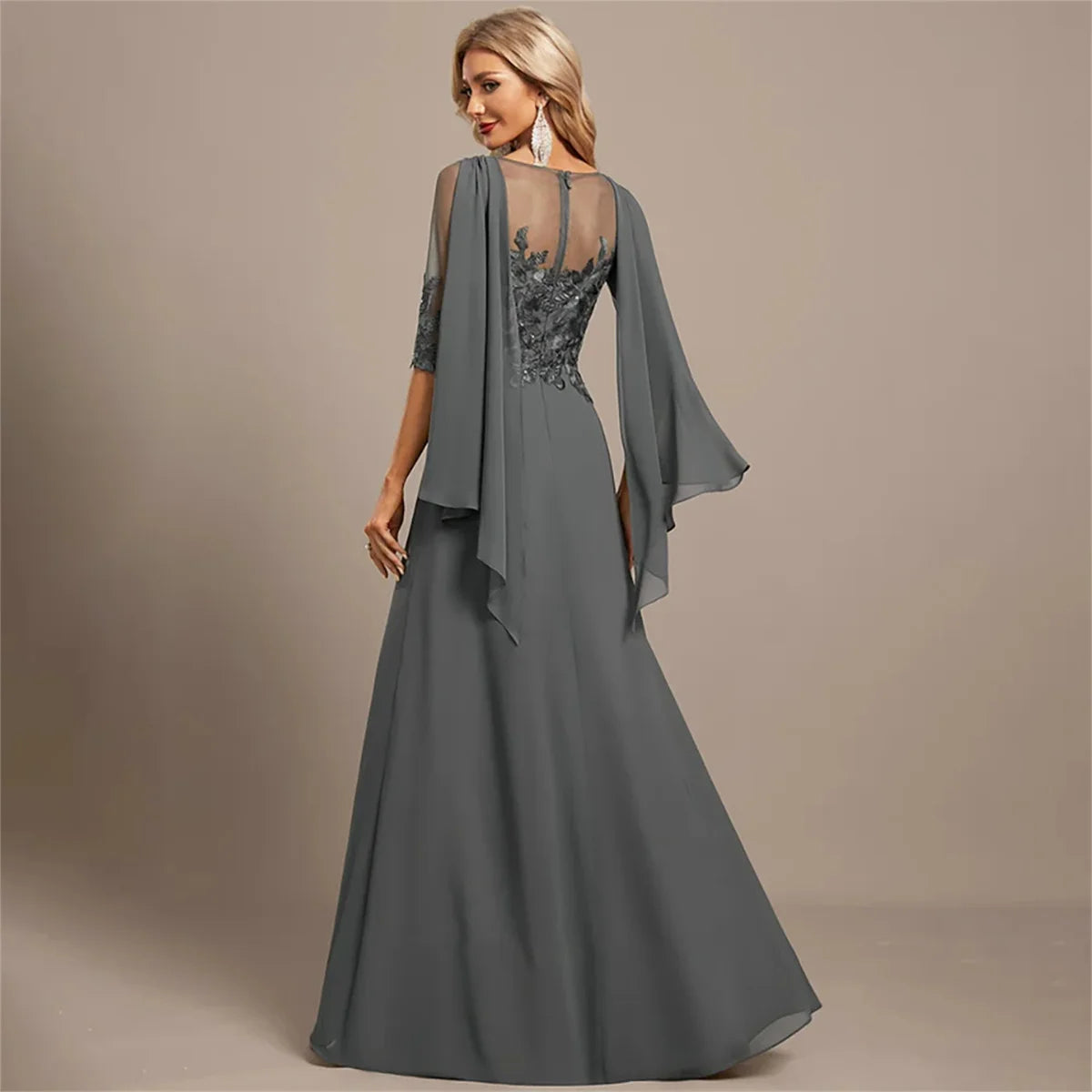 Customized Elegant Lace Applique A Line Mother Of Bride Dresses With Scarf Women's Half Sleeves Boat Neck Evening Prom Dresses