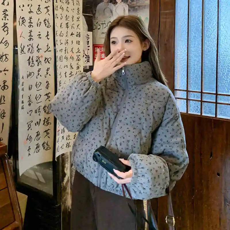Fashionable Women Floral Cotton Coats Winter Korean Style Stand Collar Full Sleeve Tops Cute Warm Female Short Jackets