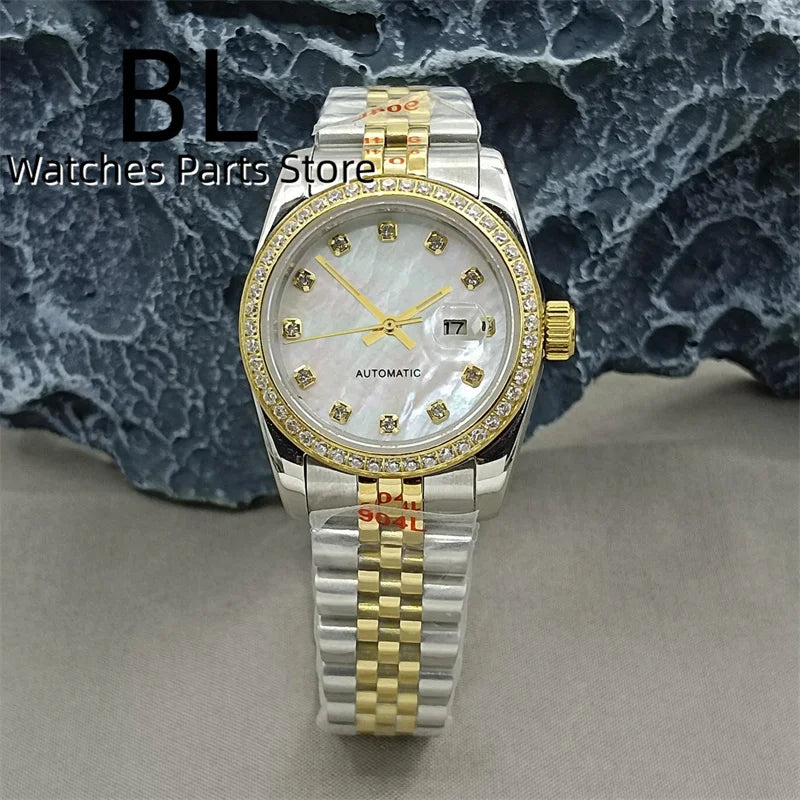 BLIGER 31mm NH05 Automatic Watch For Women Pink Gold Gray Purple Sunburst White Mother Pearl Dial Diamond Index Steel Bracelet