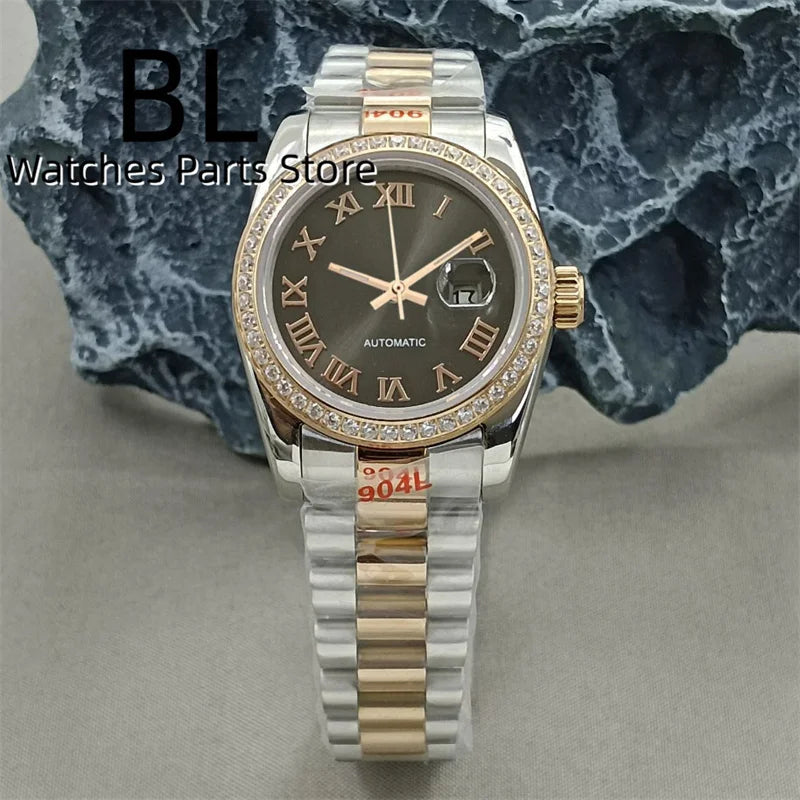 BLIGER 31mm NH05 Automatic Watch For Women Pink Gold Gray Purple Sunburst White Mother Pearl Dial Diamond Index Steel Bracelet