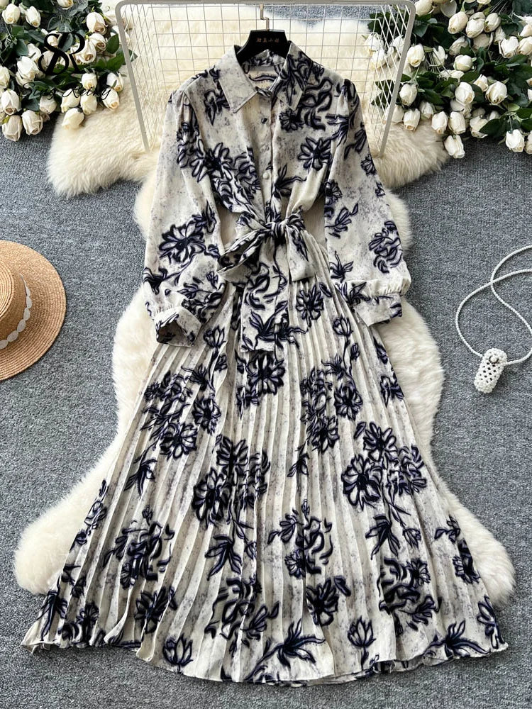 SINGREINY France Vintage Print Long Dress 2025 Autumn Sashes Pleated Maxi Dresses Female Elegant High Quality Large Swing Dress