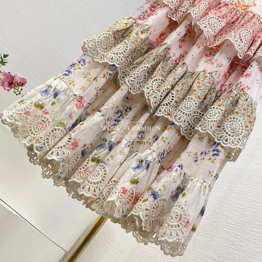 2025 New Fashion Pink/ White Floral Print Embroidery Cascading Layered Ruffles Frilled Midi Skirt