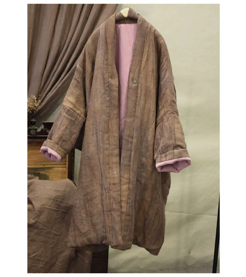 Women Loose Linen Padded Long Coat Parkas Ladies Vintage Flax Coat Female 2023 Winter Coat Tops