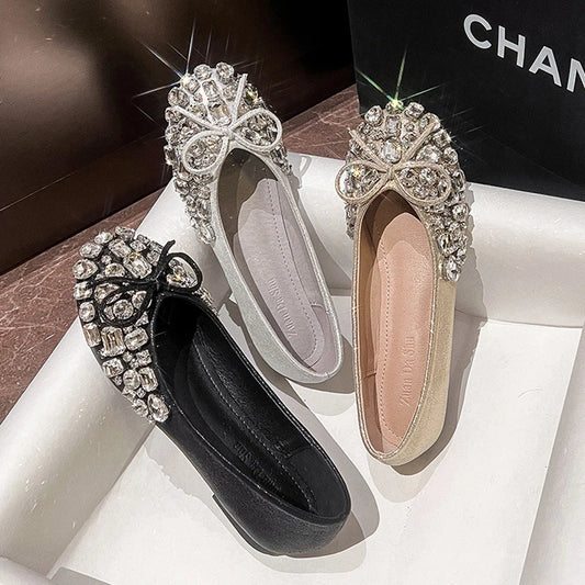Luxury Designer Woman Rhinestone Flats Ballet Gold/Silver Bowtie Loafers Femmes Shallow Slip On Ballerinas Brides Wedding Shoes