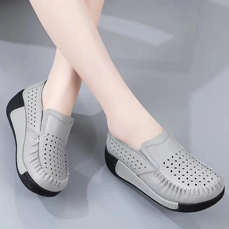 2025 Platform Flat Shoes for Women Slip on Hollow Out Genuine Cow Leather Swing Shoes Shallow Ladies Casual Footwear