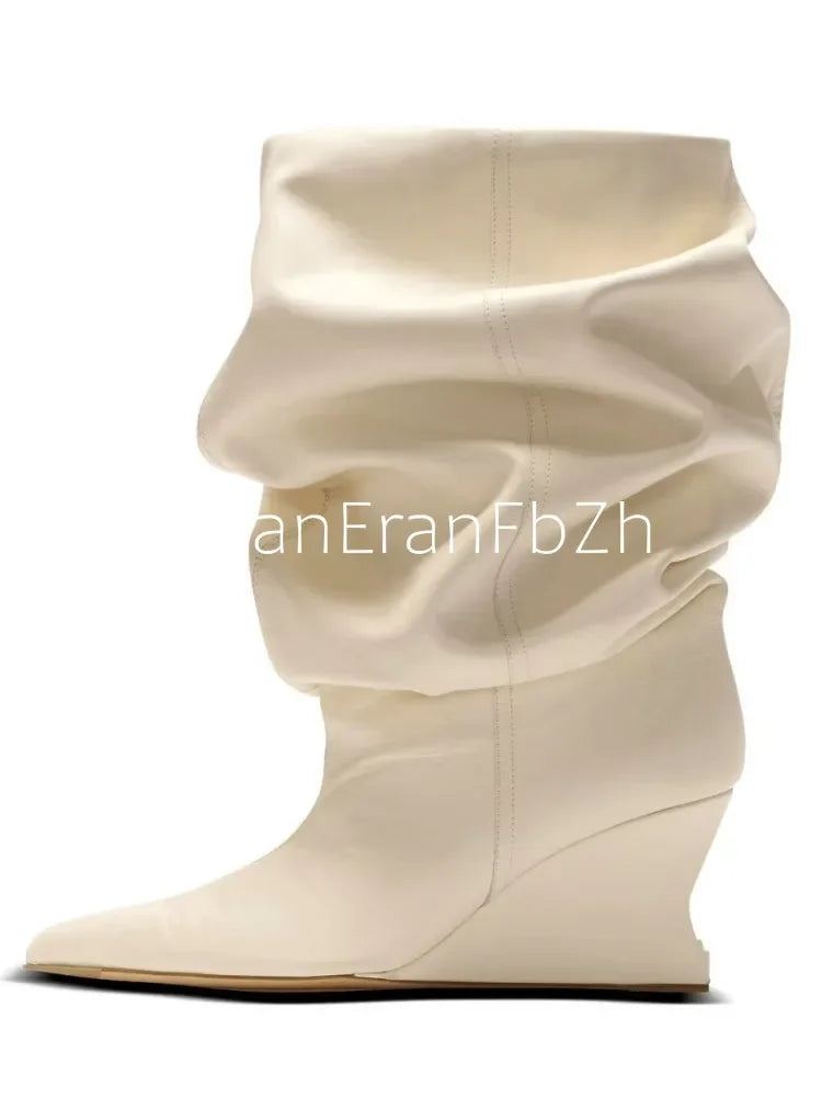 European and American Autumn and Winter Pleated Thick High Heels Knee High Women's Boots Pointed Fashion Party Women's Boots