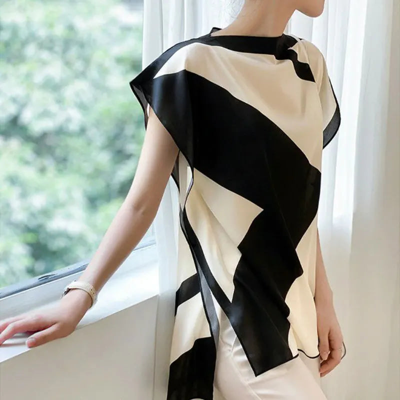Commute Contrasting Colors Spliced Blouse Female Clothing Elegant Slash Neck Casual Summer Fashion Asymmetrical All-match Shirt