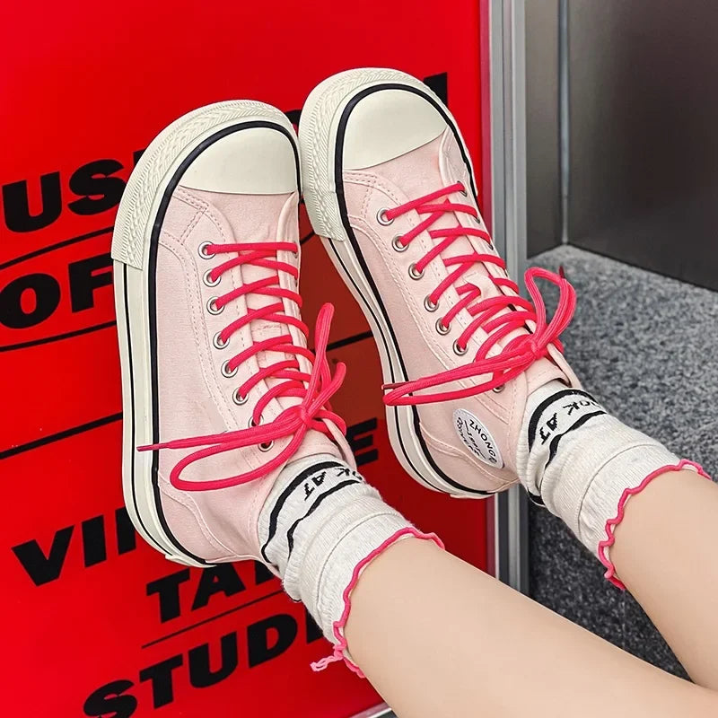 High-Top Round-Toe Low-Profile Canvas Shoes Women's Spring Summer New Style Breathable Thin-Material Flat Heel Board Shoes