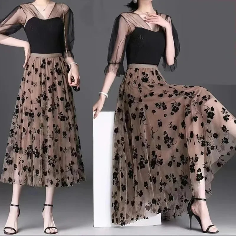 Gauze skirt floral half fairy skirt spring and summer new pleated A-line skirt in the long high waist thin gauze skirt