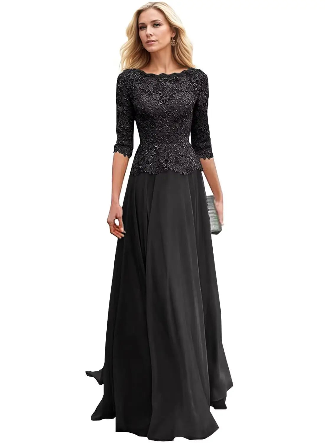 Customized Women's Lace Appliques Mother Of The Bride Dress For Wedding Boat Neck Chiffon Half Sleeves Formal Wedding Guest Gown