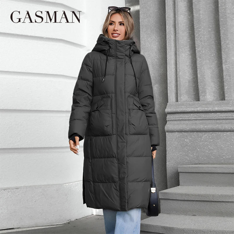 GASMAN 2024 Women's jacket long Fashion Grace women winter down jackets Zipper pocket with belt parka high quality outwear 88602