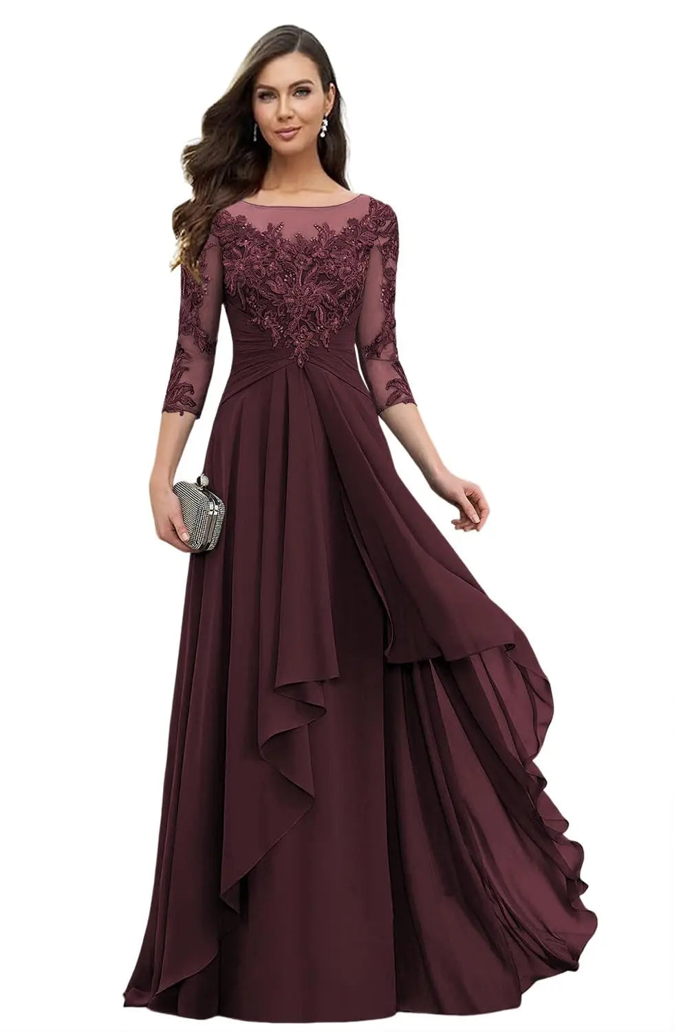 Women's Elegant Lace Mother of The Bride Dresses Scoop Neck Chiffon Ruffles Formal Evening Gowns A-Line Wedding Guest Gowns