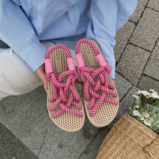 2025 Summer Women's Hemp Rope Woven Sandals Roman Rainbow Color Bohemian Straw Flat Sandal Casual Slip on Beach Shoes for Women