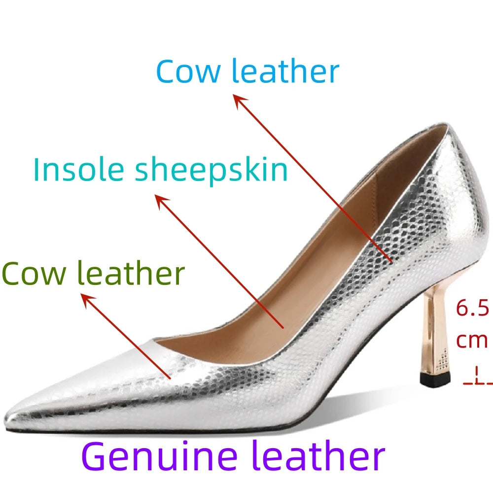【JOCHEBED HU】Women Pumps Genuine Leather Pointy Toe 6.5CM Thin High Heels Dress Party Prom Basic Shoes Woman Large Size 33-43